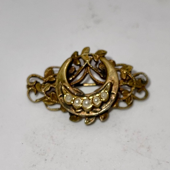Antique Victorian Edwardian Gold Crescent Moon With Seed Pearls Brooch - Picture 7 of 15